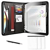 Leathario Schreibmappe A4 mit 10er Dokumentenhüllen und 3er Schreibblock-Set，Konferenzmappe mit 4 Ringbuch，Dokumentenmappe mit Reißverschluss,Ordner für Meeting, Business,Mappe für Geschäftsreisen