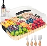 Käsebrett mit Deckel für Partys Reisen, Servierplatte mit Fächern Griff für Snacks Fleisch Dessert, Käsebrett aus Bambus mit Messer Set, Charcuterie Board Platte Käseplatte Serviertablett mit Haube