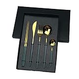 ZONSHJDKR Silberbesteck 10/20/30-teiliges portugiesisches Besteck mit flachem Griff, Edelstahlmesser, Gabeln, Löffel und Essstäbchen(Green Gold,6 Set)
