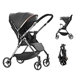 Kinderwagen, leicht und kompakt, 3 Neigungspositionen, 0 bis 4 Jahre (max. 25 kg), Liegeposition, einhändig, 4 Räder mit Stoßdämpfern, mit einem großen Korb (Grau C)