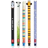 Legami – Set aus 5 radierbaren Gelstiften mit wärmeempfindlicher Tinte, einer Auswahl an Tintfarben und Designs, 0,7 mm Spitze, mit den Motiven Pinguin, Panda, Lama, Biene und Nilpferd