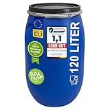 plasteo® 120 Liter Weithalsfass mit Deckel und Spannring Futtertonne Kunststofffass Universalfass Deckelfass Lebensmittelecht Wasserfass Regentonne Lagerfass | Stabile Griffmulden | Blau