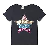 Leezeshaw Baby Mädchen Magic Flip Pailletten Cute Ente Owl T-Shirt Mädchen Herz Liebe Zwei Wege Pailletten Pullover Tees Tops, Sternschwarz, 140 cm