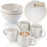 SÄNGER I Frühstücksset 8 tlg für 4 Personen, Steingut Geschirr Handmade I Frühstück & Kaffee, Je 4x Müslischale & Kaffeebecher Creme mit Sandiger Maserung | PREMIUM COLLECTION