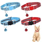 YUXIANLB 4 Stück Katzenhalsband mit Glöckchen Reflektierende verstellbare Haustierhalsbänder mit Sicherheitsschnalle Leuchtstreifen für erhöhte Sichtbarkeit für Hauskatzen und Welpen