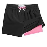 MaaMgic Badehose Jungen Kinder | Schnelltrocknend Kurz Swim Shorts für Kleine | 2 in 1 Badeshorts mit Kompression Innenhose Taschen Verstellbare Tunnelzug MEHRWE,19 Schwarz und Rosa,10-12 Jahre