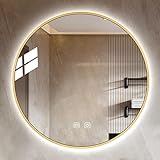 Beleuchteter Badezimmerspiegel mit Anti-Beschlag-Wandhalterung, Metallrahmen, Hintergrundbeleuchtung, Make-up-Spiegel, dimmbar, 3 LED-Lichtfarben, IP44, wasserdicht, doppelte Touch-Steuerung