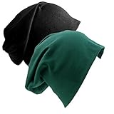 Baggy Soft Cotton Slouchy Stretch Beanie Mütze, Chemo Mützen für Damen und Herren, Schwarz/Dunkelgrün, Einheitsgröße, Schwarz/Dunkelgrün, Einheitsgröße