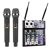 SIKUING Audio-Mixer mit 2 drahtlosen Mikrofonen,4-Kanal professionelles DJ-Mischpult Soundboard mit Bluetooth/USB,48V Phantomspeisung,kompatibel mit Computer,Karaoke,Party,Meeting,Studio Aufnahme