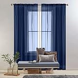 Gardinen Vorhänge Leinenvorhang mit Ösen 90 x 190 cm Hitzeschutz, Leinen-Optik Transparent, Größe Und Farbe Wählbar Schlafzimmer Ösen Thermo Vorhang für Hochzeit Fenster Wohnzimmer, Dunkelblau