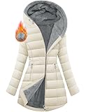 CMTOP Winterjacke Damen Gefüttert Fleecejacke Warme Steppjacke Dicke Wintermantel Parka Lang Fleece Damen-jacken Elegant Steppmantel Jacke Casual Winterparka mit Kapuze, Taschen(Beige, L)