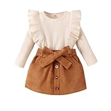 Geagodelia Baby Mädchen Kleidung Outfit Babykleidung Set Langarmshirt Top + Rock Neugeborene Weiche Babyset Zweiteiler (Beige & Khaki, 6-12 Monate)