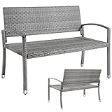 LIFERUN Gartenbank Rattan, Polyrattan Sitzbank Wetterfest, 2 Sitzer Gartenbank, Balkon Bank, 320kg Belastbar, 122x62x90cm, Gemütliche Gartenmöbel Bank, Parkbank, Doppelseitiges Rattan Sitzbank, Grau