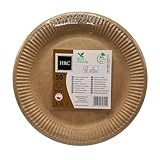 HRC Eco Einweg-Pappteller, 50 Stück, für Grillabende, Wanderungen, Taufen, Partys, Geburtstage, Kompostierbar, Umweltfreundliche Materialien, Pappteller rund 23 cm Braun