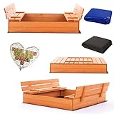 Sandkasten 120x120 Imprägniert Premium Sandbox mit Premium Wasserfeste Abdeckung Oxford Sitzbänken Deckel Sandkiste Holz Kiefer Sandkastenvlies