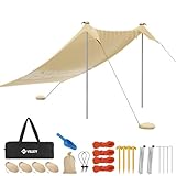 VILLEY Sonnenzelt 2m x 2,4m Khaki, UPF50+ UV Schutz Lycra Strandzelt für 3 Personen, Sonnenschirm Strand mit Sandsack und 2 Stützstäbe für Picknick, Angeln, Sonnenschutz