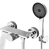 Auralum Badewannenarmatur mit Handbrause,Badewannenarmaturen Wasserfall mit Dusche,1.5m Edelstahl Schlauch und Wandhalterung,Armatur Badewannen aus Messing für Badewanne und Bad,Chrom