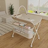 Willonin Mobile Wickelkommode, faltbar, mit Aufbewahrungskorb, Wickeltisch für Neugeborene und Kleinkinder, 5 verstellbare Höhen, Lernspielzeug, Milchweiß