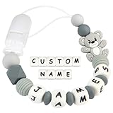 Kowlone Schnullerkette mit Namen Jungen mädchen Silikon Beißring Personalisiert Teddy Bär Schnuller Clips Halter(Grau)