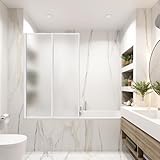 ISOISL Duschabtrennung für Badewanne aus Kunststoff, Duschwand für Badewanne, Splittersicher, 100x140 cm, 2-teilig Faltbar, Aluminium-Rahmen Weiß, links/Rechts Montierbar, mit Tropfen-Optik