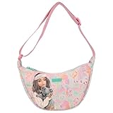 Depesche 12793 TOPModel Wild - Kleine Halbmond Umhängetasche in Rosa, mit Model Motiv und buntem Tier Muster, Tasche mit verstellbarem Schultergurt