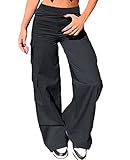 Nuofengkudu Cargohose Damen Weite Hosen Stretch High Waist Cargo Taschen Palazzo Hose Bootcut Schlaghose Damenhosen mit Gummizug Y2K Teenager Mädchen Frauen Arbeitshosen Stoffhose Outdoor Schwarz M