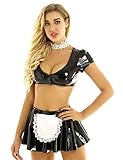Yeahdor Damen Wetlook Dessous Kostüm Set Sexy Leder Dienstmädchen Mini Crop Top mit Minirock und Halsband Erotik Nachtwäsche Schwarz M