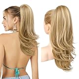 Flufymooz Ponytail Extension, 50 cm Pferdeschwanz Haarverlängerung mit Kordelzug für Frauen weiches, natürlich aussehendes synthetisches Pferdeschwanz Haarteil-Blond mit Strähnchen