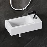 Yorbay Hängend Klein Keramik Waschbecken: Eckig Wandmontage Wandwaschbecken mit Rechtem Wasserhahnbohrung - Weiß Waschtisch für Badezimmer ohne Armatur 37 x 18 x 9 cm