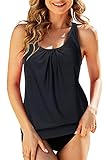 Livonmone Tankini Damen Bauchweg Push up Badeanzug Tankini Sets und Badeshorts Beachwear Zweiteiler Swimsuits Bikini Set Gepolstert Oberteile mit Slip (C Schwarz1, XXL)