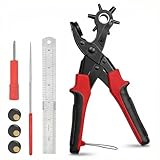 Lochzange für Leder, Gürtellochzange mit 6 Rund Lochgrößen 2-4.5mm, Revolverlochzange Kohlenstoffstahl mit Lineal und Punch Platten, Hebelübersetzung Anti-Rutsch Griffe, für Leder, Gürtel, Stoff, DIY