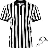 Herren Offiziell Schiedsrichter Trikot, Schwarz Weiß Streifen Hemd mit Umgedrehtem Kragen, Gelb Elfmeter Flagge und Edelstahl Pfeife mit Lanyard für Basketball Fußball (M)
