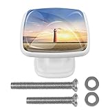 EZIOLY Schubladenknäufe, Sonne, Leuchtturm, Himmel, Wolken, quadratische Form, Kommode, Schrank, Tür, Schrank, Zuggriff mit Schrauben, für Zuhause, Büro, Kleiderschrank, Dekoration, 4 Stück (weiß)