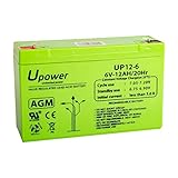 U-Power AGM Batterie 6V 12Ah, VRLA Bleiakku wartungsfrei, wiederaufladbar, Faston F1 (4,8 mm), für Alarmanlagen, USV/UPS, Sicherheit & Elektronik