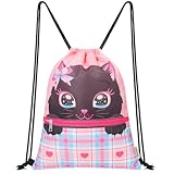 WAWSAM Turnbeutel Kinder, Katze Rucksack mit Kordelzug für Mädchen, Wasserdichte Sportbeutel für Sport und Strand, Schwimmtasche kinder mit Reißverschlusstasche für Geburtstag Geschenk