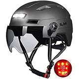 ILM Fahrradhelm mit Visier und LED Licht Mountain&Road Fahrradhelme für Damen und Herren Fahrradhelm für Pendeln in der Stadt E3-10L,Grau L-XL