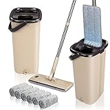 Masthome Wischmopp Set mit Eimer,Bodenwischer Set mit Eimer, 138cm Wischmopp mit Auswringfunktion, 6 Wischpads,Mikrofaser Flacher Mopp aus Einstellbar Edelstahlgriff für Alle Bodentypen Bodenreinigung