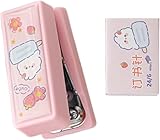 1 Set rosa Mini-Heftgerät mit Nr. 12 Heftklammern, niedliches Kaninchenmuster, Schreibtischhefter, exquisite Buchbindermaschine, Heftklammerentferner für Büroklammern, Hefter für Büro, Schule,