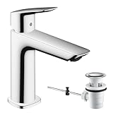 hansgrohe Waschtischarmatur Logis, Wasserhahn Bad mit Auslauf Höhe 110 mm, mit Zugstange, Badarmatur wassersparend, Chrom