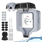 Upgrade Aussensteckdose Wasserdichte Steckdose IP66 mit Schalter Kontrollleuchte,Grau Außensteckdose Aufputz Wetterfest Outdoor Steckdose Gartensteckdose aussen Abschliessbar Klappdeckel-1 Fach-FR