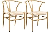 Yaheetech 2-er Set mittelalterliche Esszimmerstühle Y-Stuhl Metallrahmen Rattan Sessel Lehnstuhl mit Gewebtem Sitz, Armlehnenstuhl, holzfarbe