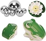 MURISE Miniteich Deko, Schwimmender Frosch aus Keramik 2er Set mit Silbernen Schwimmkugeln und Lotus und Blatt Set für Miniteich Terrassenteich Zinkwannen Solarbrunnen Garten Balkon Deko