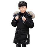 linboo Winterjacke Jungen Kinder Jacke mit Abnehmbare Fellkapuze Dicke Steppjacke Gefüttert Warme Parka Outdoor Winddicht Wintermantel, Schwarz, 146-152