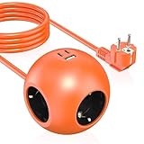 Steckdosenleiste mit 3-Fach-Kugelbuchse, mit 1 USB A und 2 USB C, Kugelbuchse mit 2 m Kabel für Bürosteckdosen, orange
