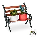 Relaxdays Mini Blumenbank, Gusseisen & Holz, Blumenständer für 2 Blumentöpfe, Ø 7,5 cm, Garten Deko, braun/grau-grün