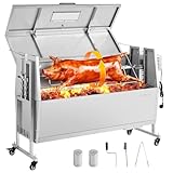VEVOR Drehspießgrill 38 W Spanferkelgrill Lammgrill Holzkohlegrill (1168,4 mm Grilllänge) mit 60 kg Tragkraft & Rädern & 4-facher Höhenverstellung & Deckel, Edelstahl-Elektrogrill-Set für Camping