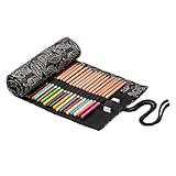 LAPYAPPE Leinwand Stifterolle mit Fächern Großer Kapazität Flexibles Federmäppchen für Künstler Praktischer Buntstift Organizer Tragbar für Reisen und Schule Elegantes Schwarzes Muster