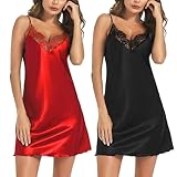 Marvmys 2er Pack Negligee Damen Satin Sexy Babydoll Kurze Nachthemd Sommer Spitzen V-Ausschnitt Schlafshirt Nachtkleid Unterkleid Verstellbarer Schultergurt schwarz+rot M