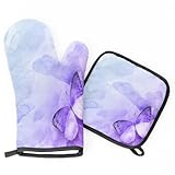 Ufuson Ofenhandschuhe und hitzebeständige Topflappen, Ofenhandschuh-Set, Violett, Schmetterling, Fäustlinge, Ofenhandschuhe, Topflappen, 2-teiliges Set für Küche, Backen, Kochen, Grillen, Grillen,