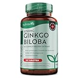Ginkgo Biloba 6250 mg - 365 vegan Tabletten für 1 Jahr - Hochdosiert und premium Qualität Gingko - Ginko Extrakt hochkonzentriert - Extrakt 50:1 - Enthält 24% Flavonoglykoside - Nutravita